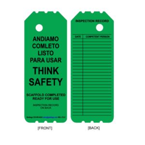 Front and back of the NGL-112-0 - Green Laminated Scaffolding Tag with permanent adhesive; front reads "Think Safety," back has inspection record table.