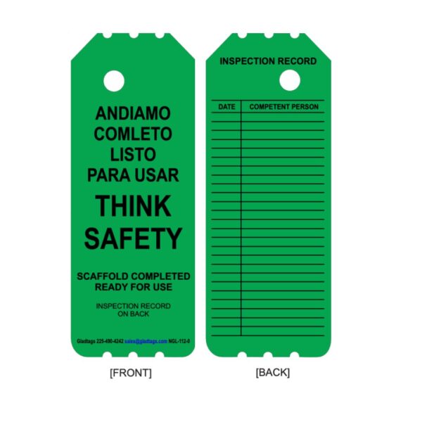 Front and back of the NGL-112-0 - Green Laminated Scaffolding Tag with permanent adhesive; front reads "Think Safety," back has inspection record table.
