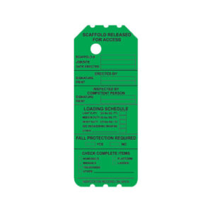 The NGL-901-0 Green Scaffold Released for Access Tag includes sections for scaffold number, site, inspector details, loading schedule, fall protection, and a checklist of completed items.