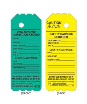 Two green laminated scaffolding tags with permanent adhesive are included: one marked "Erection and Inspection Record" and the other indicating "Safety Harness Required," both featuring form fields. Product Name: GP - Green Laminated Scaffolding Tags - NGL-901-0 (QTY 25).