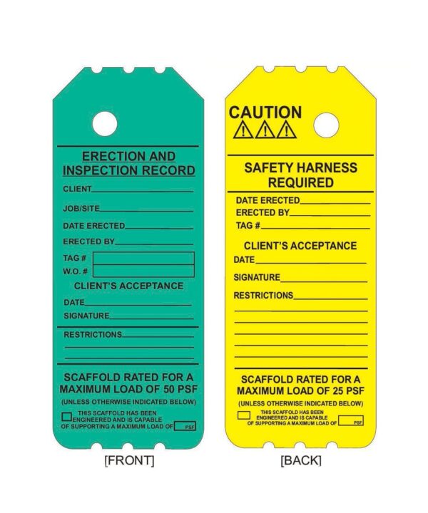 Two green laminated scaffolding tags with permanent adhesive are included: one marked "Erection and Inspection Record" and the other indicating "Safety Harness Required," both featuring form fields. Product Name: GP - Green Laminated Scaffolding Tags - NGL-901-0 (QTY 25).