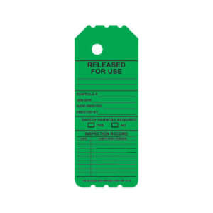 The NGYL-SP-101-0 Green & Yellow "Released for Use" scaffold tag includes sections for critical details such as the scaffold number, job site, and erection date. It emphasizes safety harness requirements to ensure compliance, making it an excellent choice for industrial scaffolding tags aimed at maintaining on-site safety and efficiency.