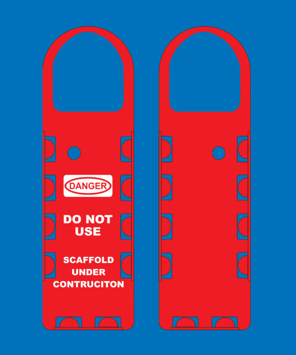 The "Scaffold Under Construction" zones are marked with NHR-104 Red Scaffolding Tag Insert Holders, featuring bold "Danger" and "Do Not Use" warnings against a striking blue backdrop. These compliant markers ensure safety by preventing unauthorized access to unstable structures during construction.