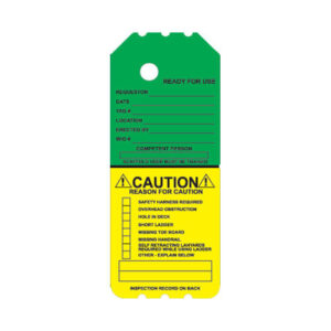 The NML-1-0 Green and Yellow Scaffold Tag Multi is designed specifically for industrial scaffolding, with sections for the requester, date, location, and caution reasons such as obstruction and hole in deck.