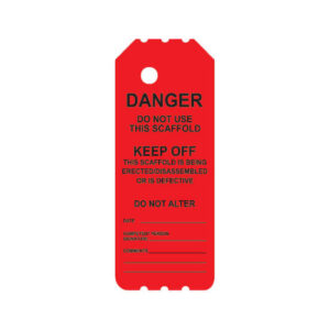 The NRL-102-0 RED DANGER KEEP OFF SCAFFOLD TAG is designed for industrial scaffolding, warning users to avoid the scaffold due to erection/disassembly or a defect. This vital tag includes fields for the date, signature, and comments.