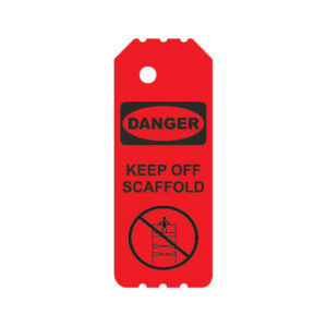 The NRL-103-0 DANGER KEEP OFF SCAFFOLD TAG features a red warning tag that prominently displays "Danger" and "Keep Off Scaffold," along with an icon of a person on a scaffold crossed out. This crucial industrial scaffolding tag ensures safety by clearly marking restricted areas.