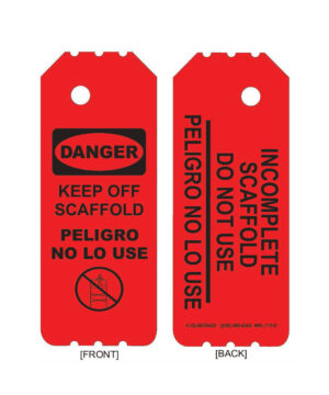 The GP - Red Laminated Scaffolding Tag - NRL-113-0 (QTY 25) serves as a permanent adhesive label for equipment, displaying "Danger" and "Keep Off Scaffold" on the front. The reverse side provides warnings in both English and Spanish: "Incomplete Scaffold Do Not Use.