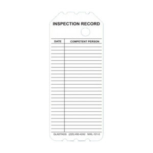 The NWL-101-0 WHITE INSPECTION RECORD TAG INSERT is crafted for industrial scaffolding purposes, offering columns to note the date and name of a competent person. It also includes multiple blank lines for entries, facilitating comprehensive record-keeping on scaffolding projects.