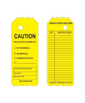 The GP - Yellow Laminated Scaffolding Tag (NYL-103-0, QTY 25) prominently features permanent adhesive labels designed for scaffold caution and inspection records, and includes checkboxes and information fields.