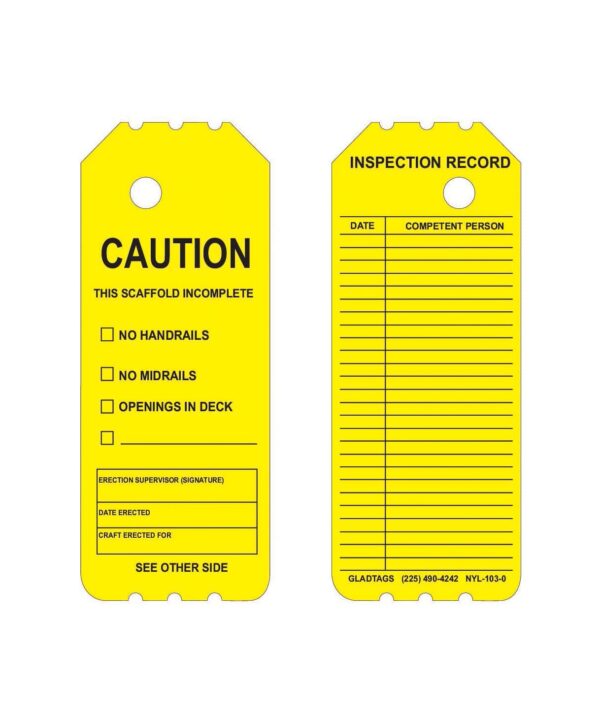The GP - Yellow Laminated Scaffolding Tag (NYL-103-0, QTY 25) prominently features permanent adhesive labels designed for scaffold caution and inspection records, and includes checkboxes and information fields.