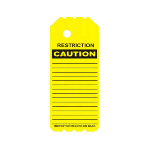 The NYL-104-0 Yellow Restriction Caution Tag is designed like an industrial scaffolding tag, displaying "RESTRICTION" at the top, with space for notes in the center and "INSPECTION RECORD ON BACK" at the bottom.