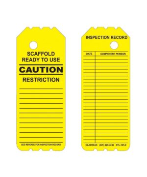 Two of the GP - Yellow Laminated Scaffolding Tags - NYL-105-0 (QTY 25) include permanent adhesive labels: one is labeled "Caution" with areas for listing restrictions, and the other is structured for noting inspection details and dates.