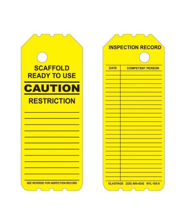 Two of the GP - Yellow Laminated Scaffolding Tags - NYL-105-0 (QTY 25) include permanent adhesive labels: one is labeled "Caution" with areas for listing restrictions, and the other is structured for noting inspection details and dates.