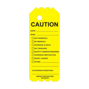 NYL-107-0 Yellow Caution Scaffold Tag featuring checkboxes for handrails, midrails, openings, toeboards, safety harness, obstructions, ladders, and additional notes.