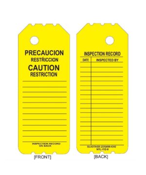 GP - Yellow Laminated Scaffolding Tags - NYL-112-0 (QTY 25) are designed as permanent adhesive equipment labels, featuring "Precaucion Restricción" on the front and an "Inspection Record" form on the back for reliable attachment.