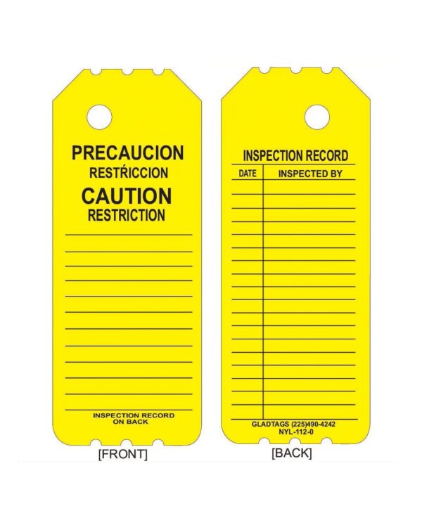 GP - Yellow Laminated Scaffolding Tags - NYL-112-0 (QTY 25) are designed as permanent adhesive equipment labels, featuring "Precaucion Restricción" on the front and an "Inspection Record" form on the back for reliable attachment.