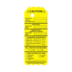The NYL-901-0 Yellow Caution Scaffold Tag provides designated spaces for recording the scaffold number, job site information, erection details, load schedule, and other safety checks.
