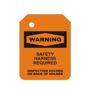 The O-101-0 Orange Scaffold Tag Insert features a warning that reads "Safety Harness Required. Inspection record on back of holder," making it ideal for ensuring compliance and safety on industrial scaffolding sites.