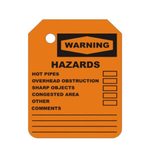 The O-107-0 ORANGE SCAFFOLD TAG INSERT features a hazard warning tag in orange, complete with checkboxes for hot pipes, overhead obstruction, sharp objects, congested area, and a section for comments. Ideal for use as industrial scaffolding tags to promote workplace safety and compliance.