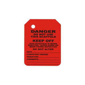 R-102-0 RED DANGER SCAFFOLD TAG INSERT indicating "Danger: Do not use this scaffold. Keep off," featuring sections for date, competent person, signature, and comments.