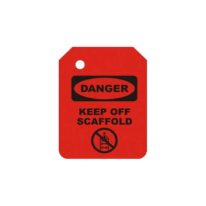 The R-103-0 RED DANGER SCAFFOLD TAG INSERT showcases "DANGER" and "KEEP OFF SCAFFOLD" text, complemented by an icon of a crossed-out figure on a scaffold. It is perfect for industrial scaffolding tags to enhance safety compliance and effective communication on site.