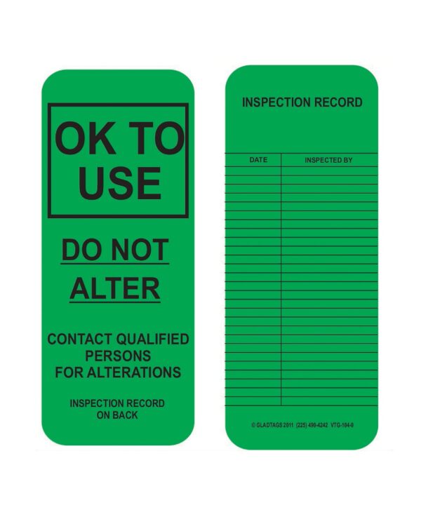 GP -Green Vinyl Scaffolding Tag (VTG-104-0, QTY 25) featuring "OK TO USE" on the front and a table for inspection records on the back, along with permanent adhesive equipment labels for secure attachment.