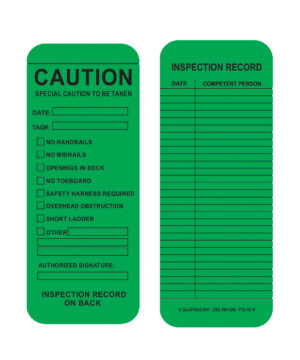 The GP - Green Vinyl Scaffolding Tag - Caution (VTG-107-0, QTY 25) features a checklist for safety inspections with spaces for date, name, and multiple safety measures. The reverse side conveniently includes a section for recording inspection records to maintain ongoing safety tracking.