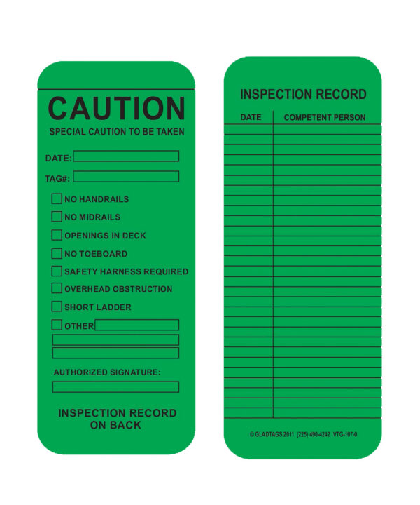 The GP - Green Vinyl Scaffolding Tag - Caution (VTG-107-0, QTY 25) features a checklist for safety inspections with spaces for date, name, and multiple safety measures. The reverse side conveniently includes a section for recording inspection records to maintain ongoing safety tracking.