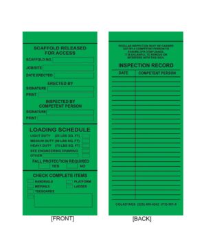 The GP-Green Vinyl Scaffolding Tag | VTG-901-0 (QTY 25) includes permanent adhesive equipment labels designed with sections to input job details, an inspection record, and a loading schedule. It also features convenient checkboxes and signature lines for easy tracking.