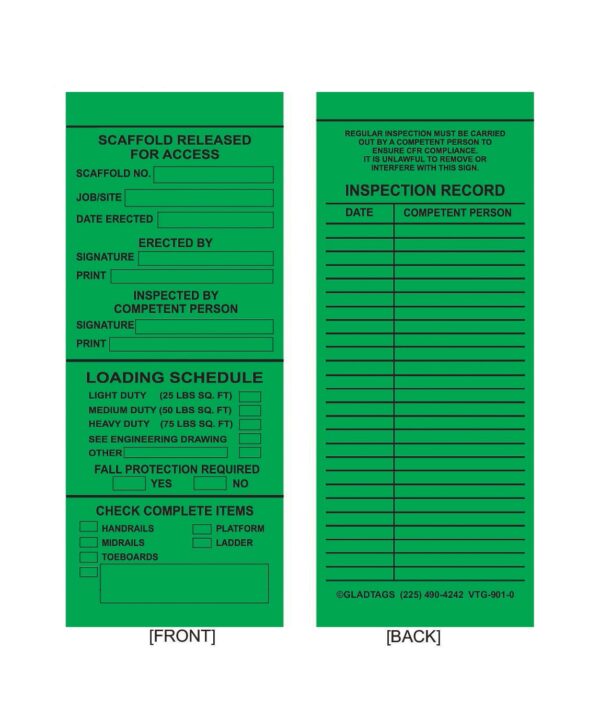 The GP-Green Vinyl Scaffolding Tag | VTG-901-0 (QTY 25) includes permanent adhesive equipment labels designed with sections to input job details, an inspection record, and a loading schedule. It also features convenient checkboxes and signature lines for easy tracking.