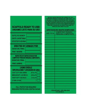 The GP - Green Laminated Scaffolding Tags - NGL-901-0 (QTY 25) are designed with fields for scaffold number, job site, erection details, load schedule, and inspection records. Like permanent adhesive equipment labels, they provide durable and reliable performance on the job site.