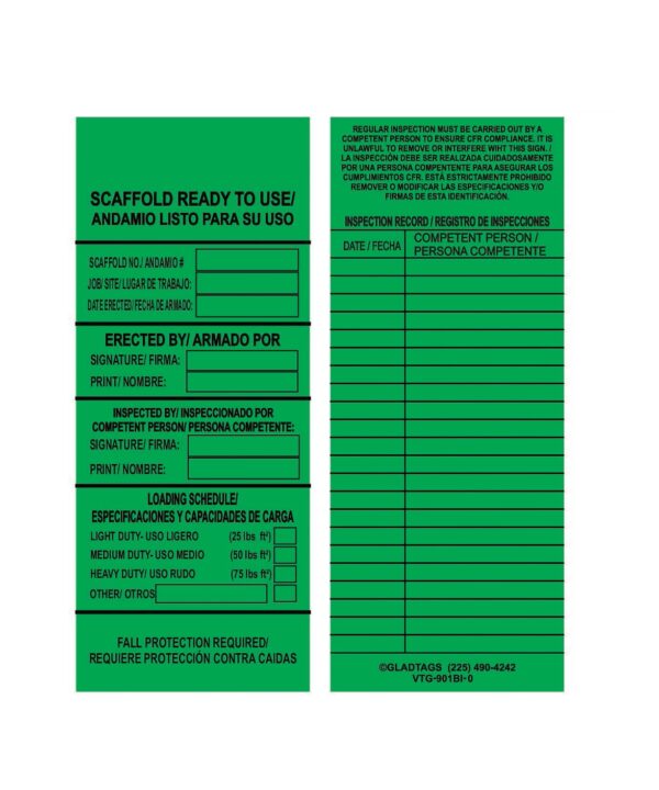 The GP - Green Laminated Scaffolding Tags - NGL-901-0 (QTY 25) are designed with fields for scaffold number, job site, erection details, load schedule, and inspection records. Like permanent adhesive equipment labels, they provide durable and reliable performance on the job site.