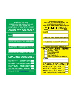 Two posters with safety information for scaffold assembly. The green VTGY-13-0 Green Scaffolding Tag Insert poster lists scaffold completion details, and the yellow one includes caution warnings.