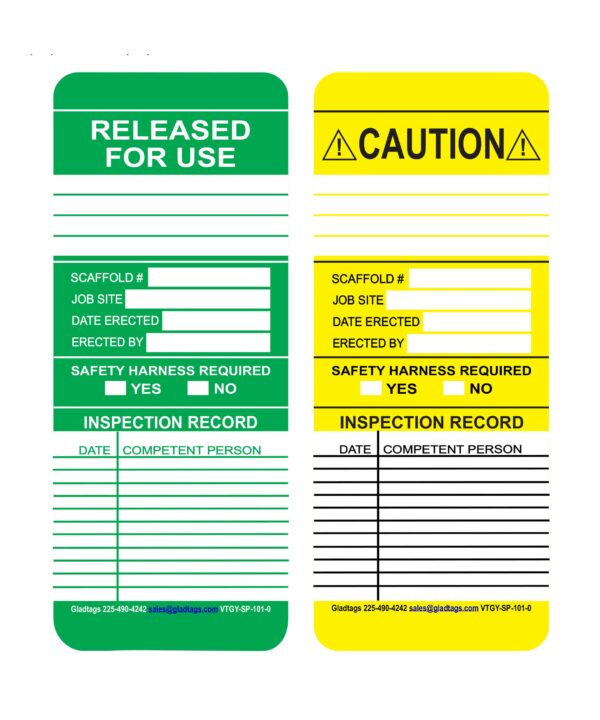 The VTGY-SP-101-0 Green Scaffolding Tag Insert set includes a green tag labeled "Released for Use" and a yellow tag labeled "Caution," both equipped with fields for scaffold details and inspection records, ensuring that your scaffolding meets safety standards with clear visibility and compliance.