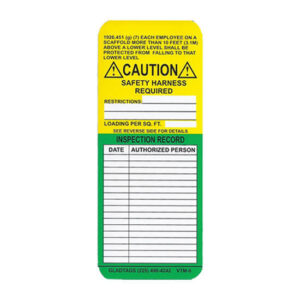 The VTM-0 Multicolored Scaffold Tag is designed for safety inspections, featuring sections for safety harness requirements and inspection records, complete with fields for the date and authorized person information.