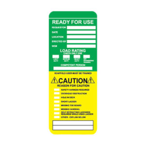 The VTM-1-0 Multicolored Scaffolding Tag, featuring green and yellow sections that outline load ratings, necessary checks, and cautionary details, is a crucial element of industrial scaffolding tags.