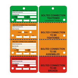 The VTM-BOLT-0 Vinyl Bolt Inspection Tags are a set of industrial scaffolding tags designed for bolted connections, available in various colors with instructions such as accepted, tightened, to be assembled, and to be broken.