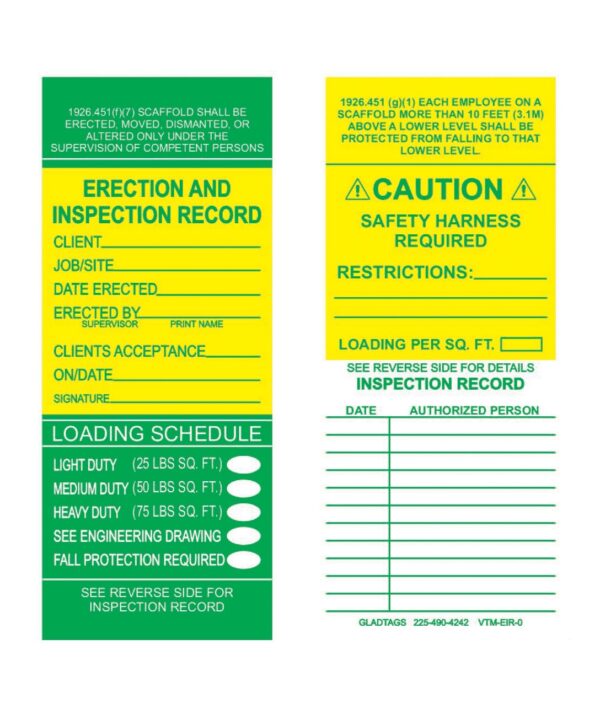 The GP - Multicolored Vinyl Scaffolding Tags - VTM-EIR-0 (QTY 25) include durable sections for maintaining records, conveying safety warnings, outlining the loading schedule, and providing client information. These tags are equipped with permanent adhesive equipment labels to ensure they stay secure and readable for the entire duration of the project.