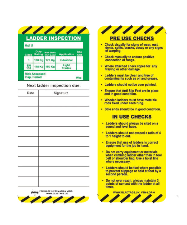 The GP - MultiColored Vinyl Scaffolding Tags - VTM-LDR-0 (QTY 25) includes two vertical informational labels: one provides detailed ladder inspection information, and the other covers pre-use and in-use safety checks. These permanent adhesive equipment labels are designed to remain securely attached for convenient access to essential information.