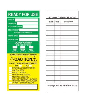 The GP - MultiColored Vinyl Scaffolding Tags (VTM-SP-1-0, QTY 25) are designed with permanent adhesive for durability and include sections for client and job details, safety warnings, a load rating chart, and space for inspection records. They serve as ideal equipment labels to ensure compliance and safety on site.