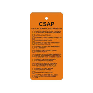 The VTO-SPCP-0 Orange Vinyl Critical Scaffold Action Plan is an essential tool featuring a checklist of scaffold-related safety actions and notes. This orange safety tag, part of the industrial scaffolding tags set, ensures compliance and safety on every level.