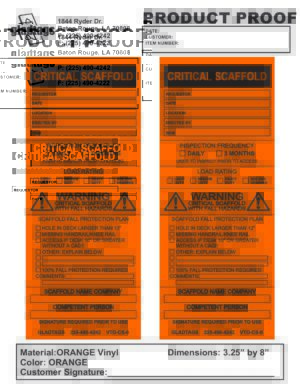 An image showcasing the GP-Orange Vinyl Scaffolding Tags - VTO-CS-0 (QTY 25), highlighting product proof for critical industrial use, complete with company details, inspection frequency options, and hazard warnings in orange.