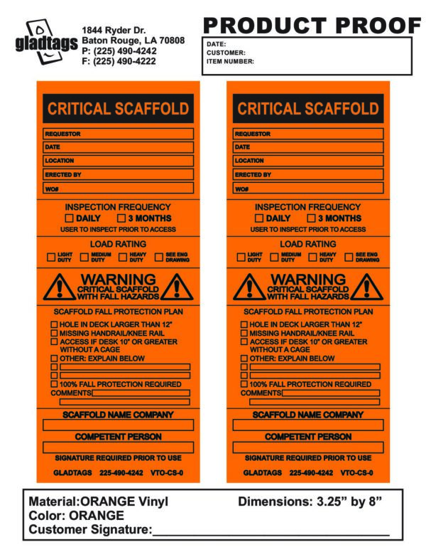 An image showcasing the GP-Orange Vinyl Scaffolding Tags - VTO-CS-0 (QTY 25), highlighting product proof for critical industrial use, complete with company details, inspection frequency options, and hazard warnings in orange.