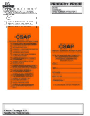 The CSAP product proof provides comprehensive scaffold action plans with detailed checklists and contact information, showcasing the vibrant GP-Orange Vinyl Scaffolding Tags - VTO-SPCP-0 (QTY 25) for improved safety and organization.