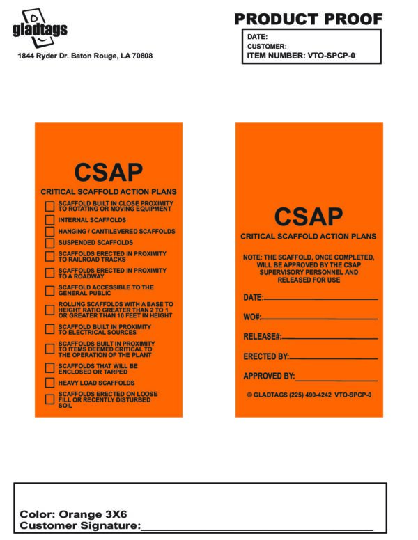 The CSAP product proof provides comprehensive scaffold action plans with detailed checklists and contact information, showcasing the vibrant GP-Orange Vinyl Scaffolding Tags - VTO-SPCP-0 (QTY 25) for improved safety and organization.