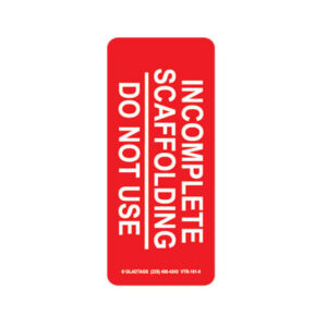A tag labeled "VTR-101-0 RED INCOMPLETE SCAFFOLDING DO NOT USE" prominently displays a warning in white text against a red background. Just like this essential signage, industrial scaffolding tags are vital for maintaining safety and compliance on construction sites.