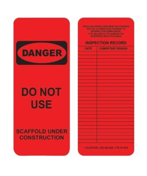 The GP - Red Vinyl Scaffolding Tag - VTR-101-IR-0 (QTY 25) enhances safety with its "Do Not Use" notice and scaffold inspection record section. Crafted from permanent adhesive equipment labels, it ensures durability and reliability, even in harsh environments.
