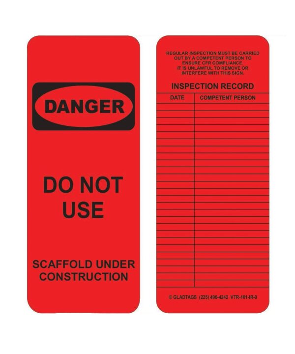 The GP - Red Vinyl Scaffolding Tag - VTR-101-IR-0 (QTY 25) enhances safety with its "Do Not Use" notice and scaffold inspection record section. Crafted from permanent adhesive equipment labels, it ensures durability and reliability, even in harsh environments.