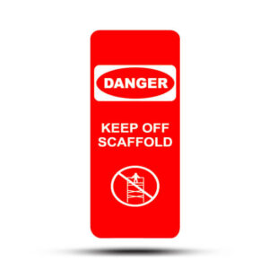Red tag labeled "VTR-103-0 DANGER KEEP OFF SCAFFOLD," featuring a crossed-out scaffold icon. This industrial scaffolding tag is essential for conveying safety information and ensuring proper use and compliance on site.