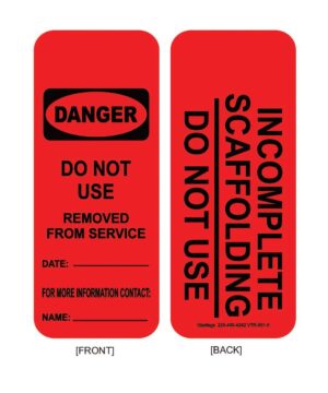 The GP - Red Vinyl Scaffolding Tag - VTR-901-0 (QTY 25) is designed with red tags that display "DANGER" and "DO NOT USE" text. These tags feature permanent adhesive equipment labels, include instructions for removal from service, and offer space to add the date and contact information.